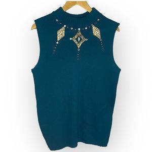 Vintage 80s blue green knit sweater vest cheetah print and jewel diamond collar